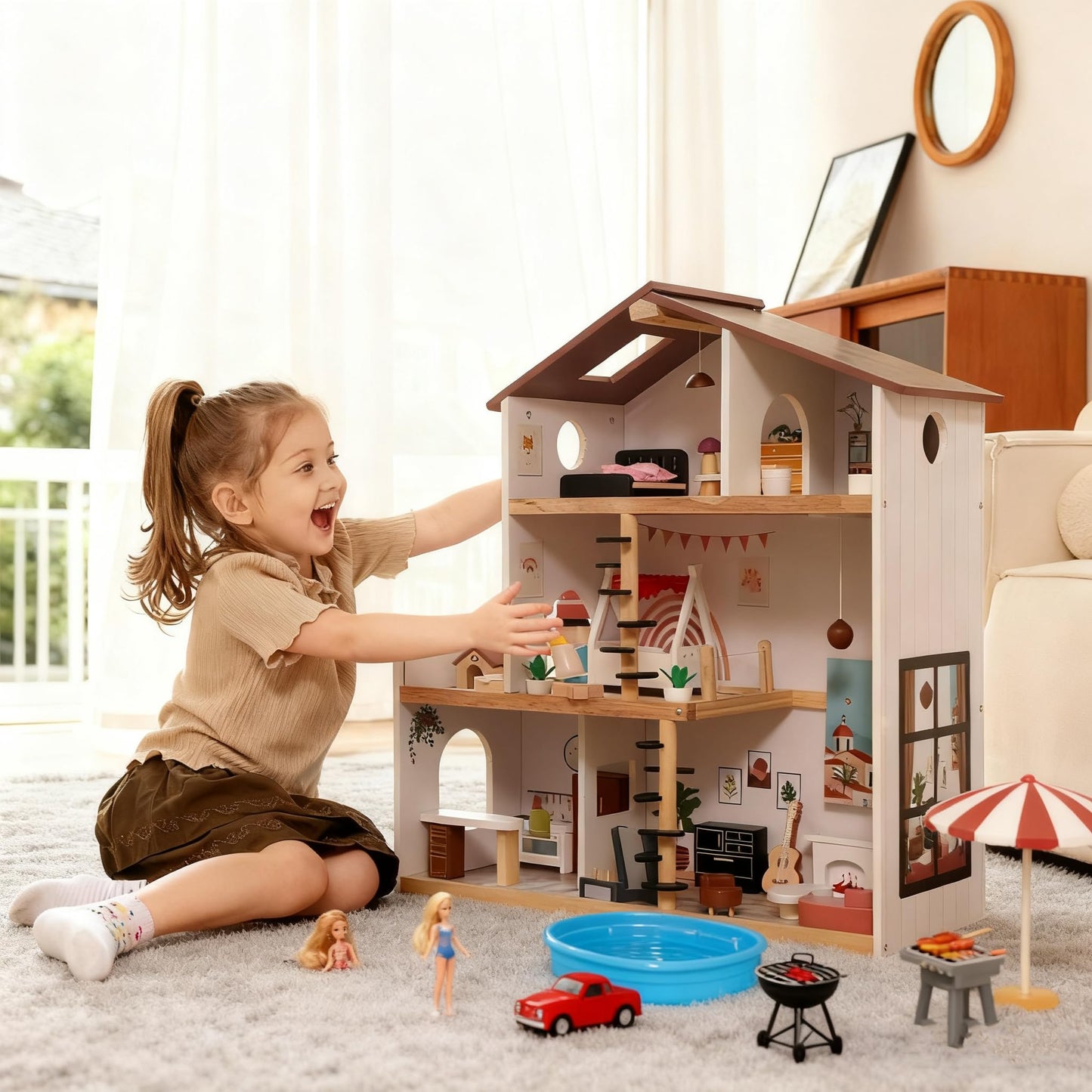 Wooden Doll House with 53Pcs Furniture Doll House, 6 Rooms Toddler Dollhouse Includes Spiral Wooden Staircase and Balcony, Modern Family Dollhouse with Realistic Design Gift for Ages 3+
