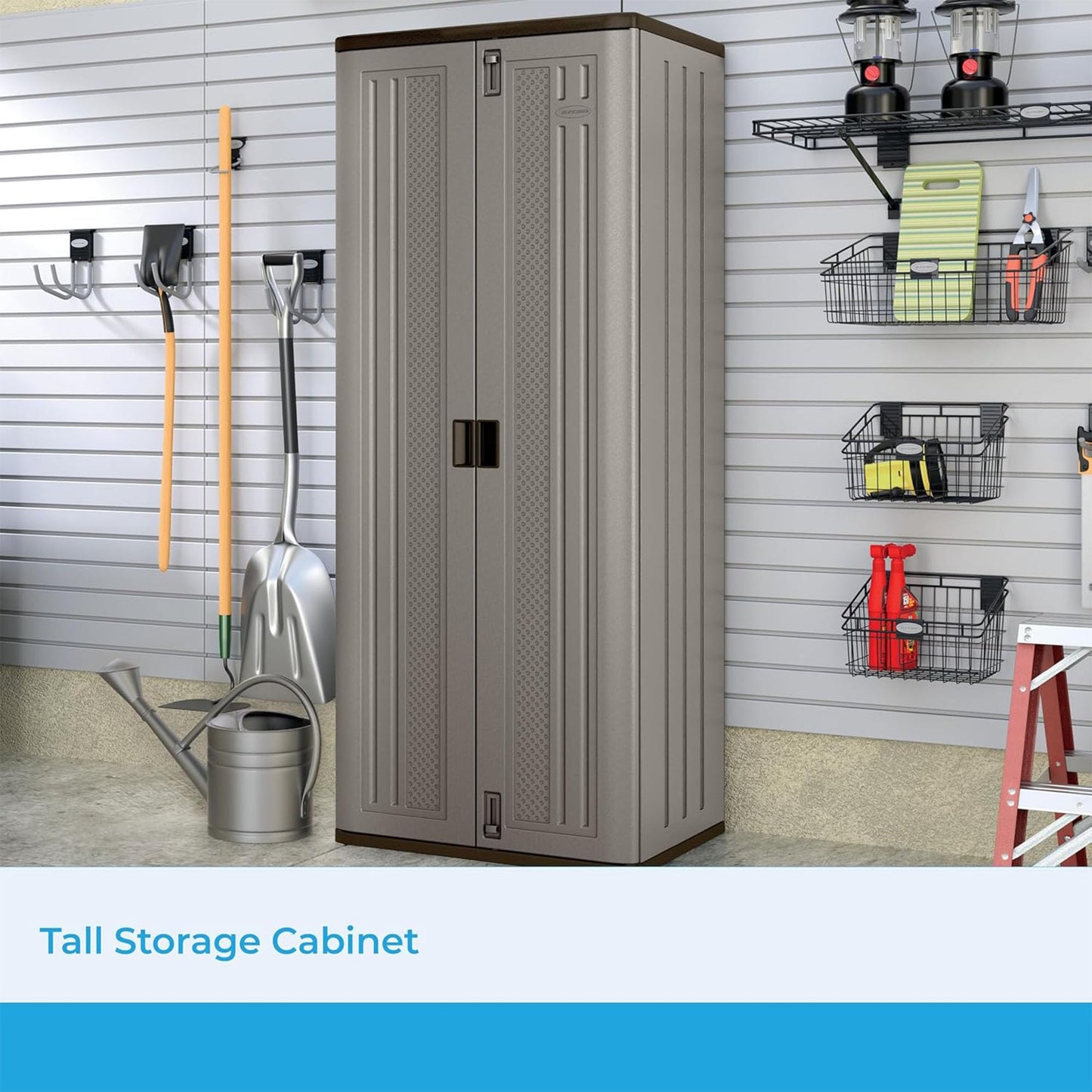 Suncast Tall Storage Cabinet, Platinum Resin Garage Storage Cabinet with Doors & Shelves, Lockable, Freestanding Utility Closet for Tools & Supplies, Made in USA