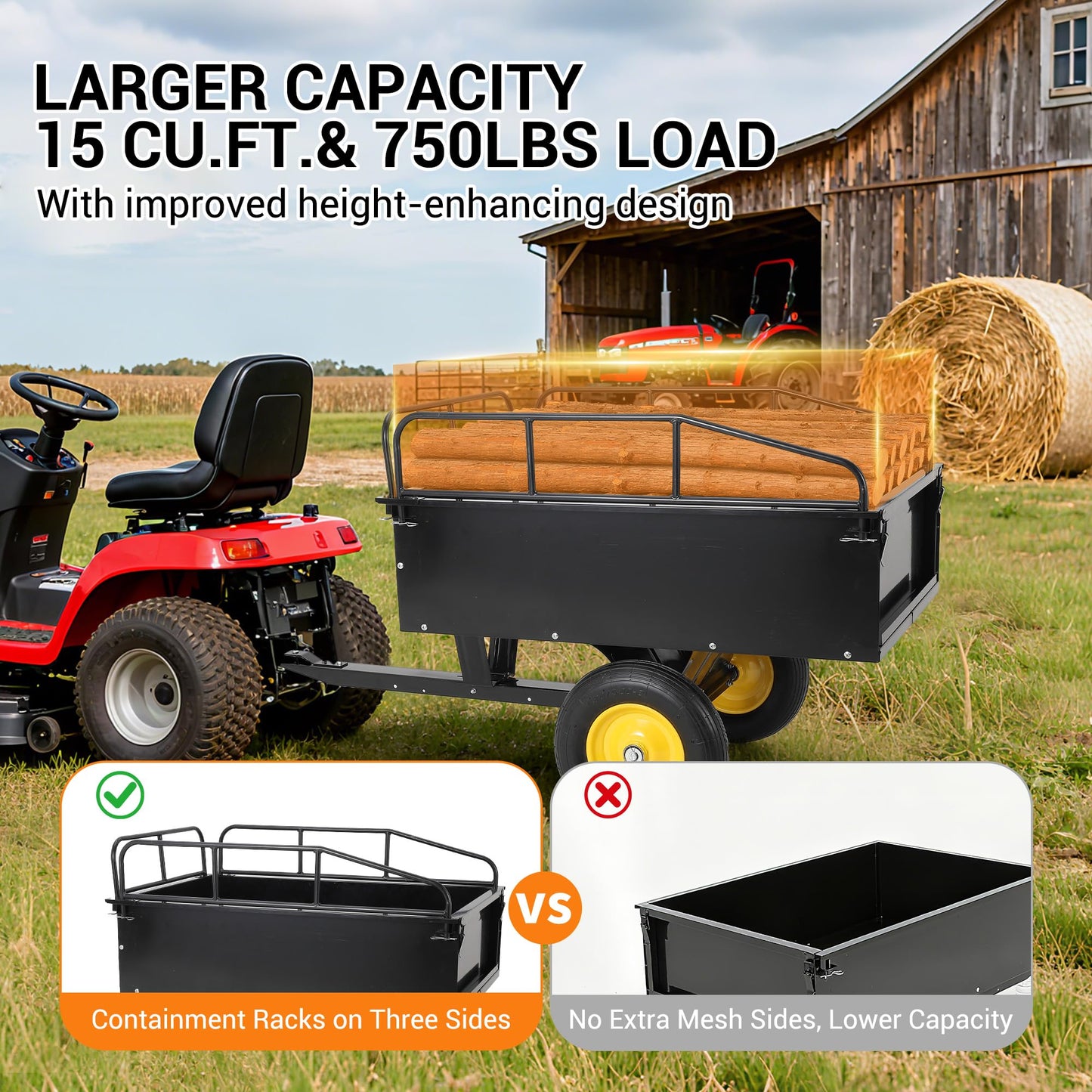 750LB Capacity Steel Dump Cart - Heavy Duty ATV Trailers Pull Behind - Garden Utility Trailer Yard Trailers for for Lawn Mower Tractor