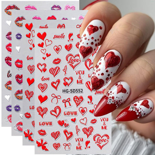 4Sheets 5D Valentine Nail Art Stickers Kit Romantic Valentines Style Red Lip Love Nail Design Decal with Adhesive Cute Hollow Heart Letter Bow Embossed Slider Decal for Wedding Perty Nail Charms Decor
