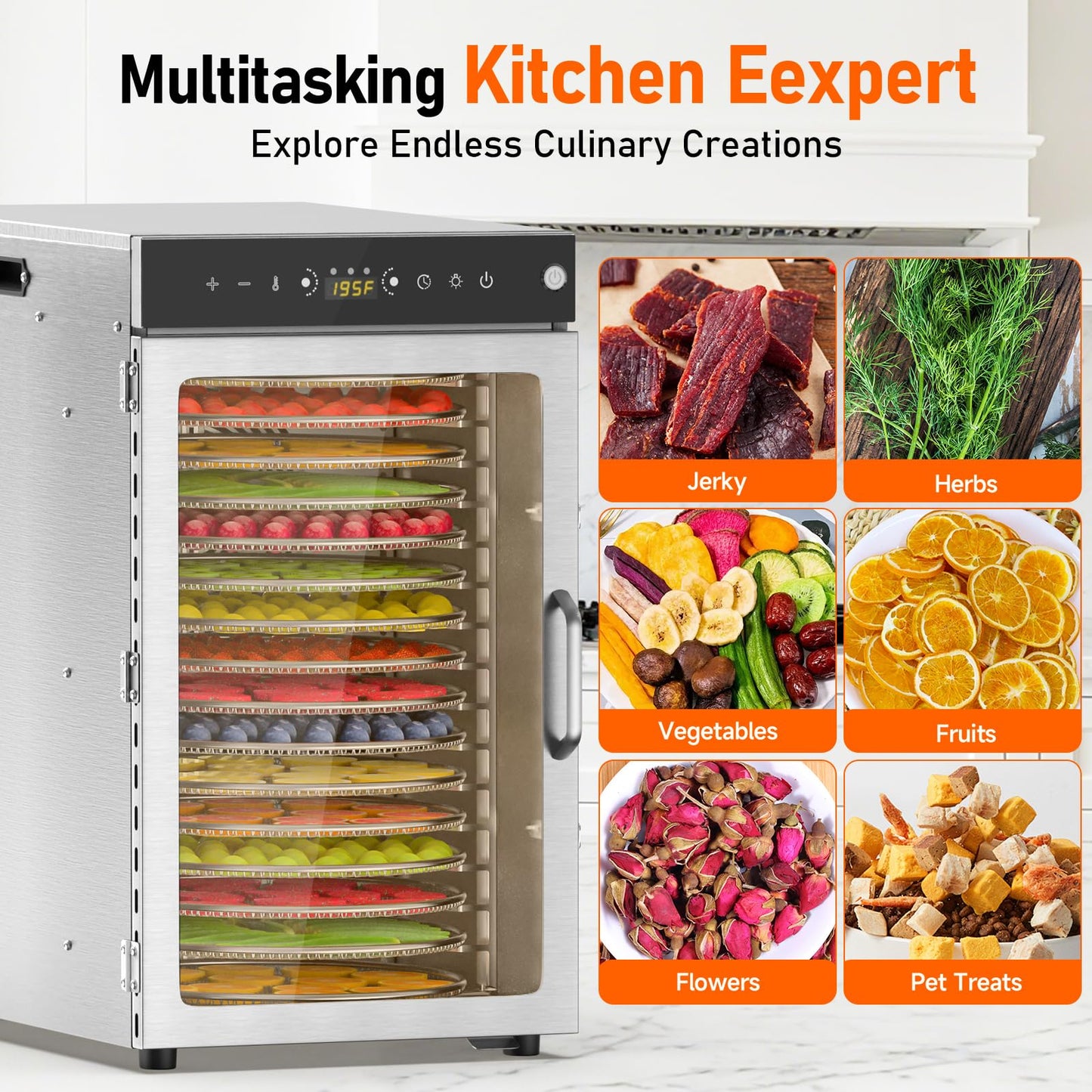Prenafla Commercial 360° Rotating Food Dehydrator 16 Trays, 12.2ft² Large Capacity Food Dryer Machine for Jerky, 1600W Food Dryer with 194°F Temp & 24H Time Control for Herbs, Fruit, Meat, Yogurt