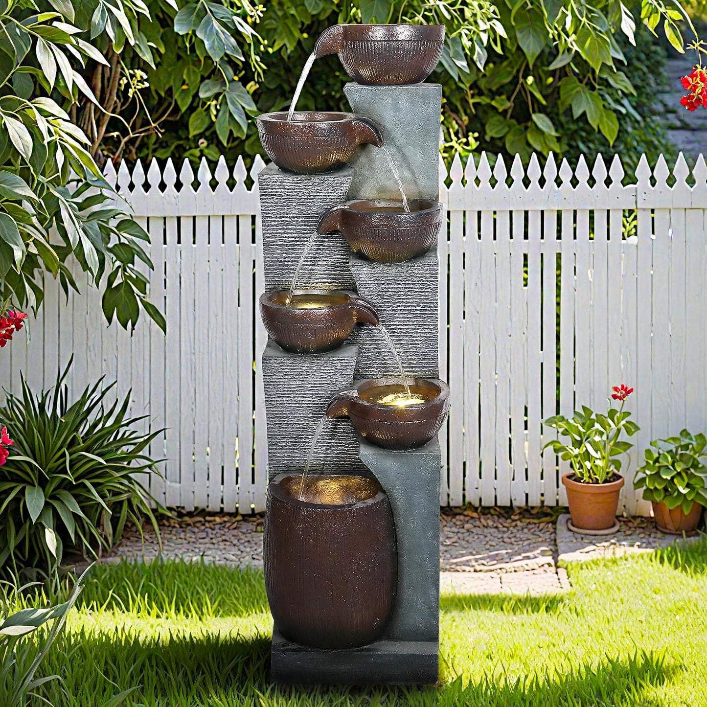 BBabe 53.5in High Outdoor Indoor Water Fountain, 6-Tiered Poly-Resin Waterfall Fountain with LED Lights, Decorative Floor Standing Fountain for Garden, Patio, Yard, Home Decor