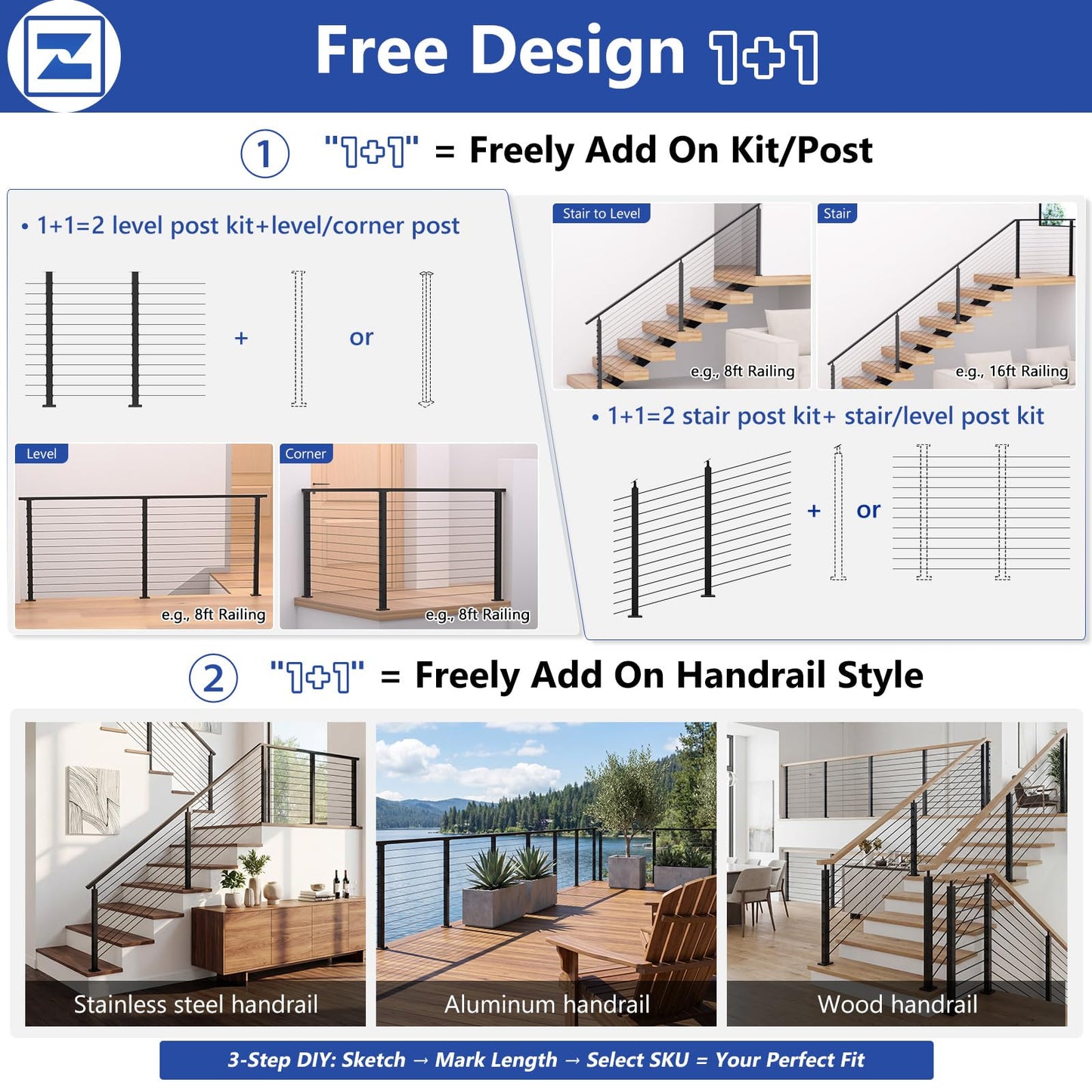 Zylorix 12ft-16ft Modular Cable Railing Post Kit 42" T304 Stainless Steel 4 Level Post Kit, Surface Mount Black Cable Railing System for Decks Length Adjustable Easy DIY, 213ft 1/8" Wire(No Handrail)