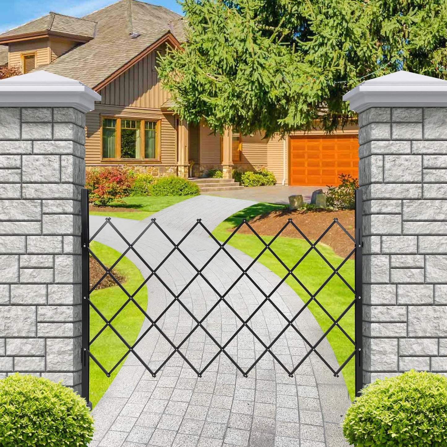 61" H x 71" W Metal Folding Security Door, Outdoor Folding Door Gate, Steel Accordion Security Gate, Flexible Expanding Barricade Gate, 360° Rolling Expandable Gates for Garage/Courtyard/Gardens