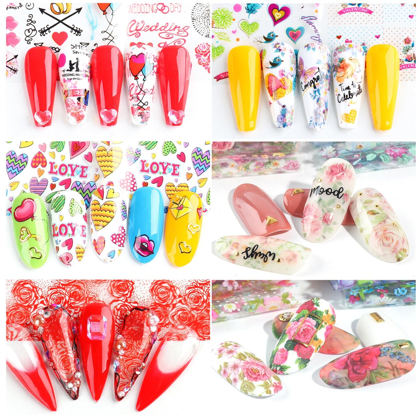 Rose Flower Nail Foil Transfer Nails Art 50PCS Valentine's Day Nail Art Foils Sheets Love Heart Lips Designs Stickers Starry Sky DIY Valentines Decals for Women Acrylic Supplies Manicure Decoration