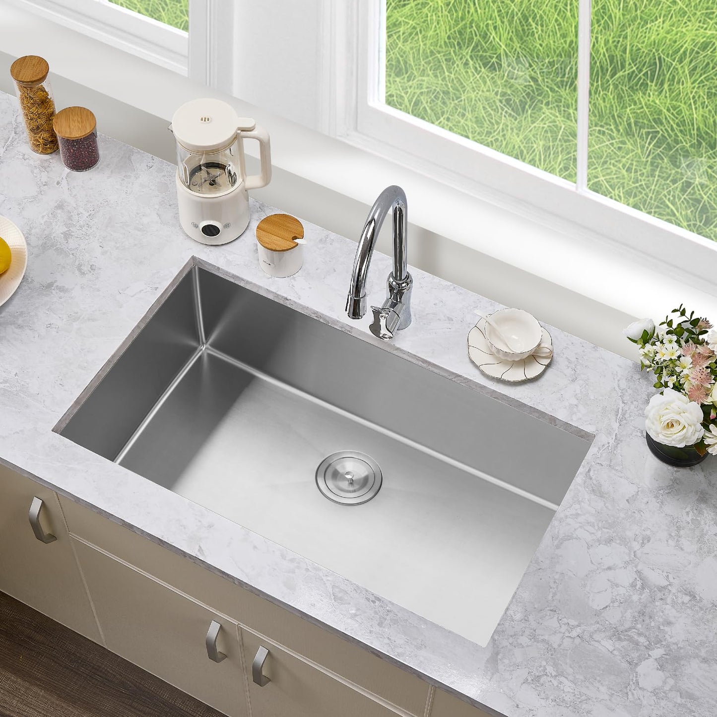HALOACE 33 Inch Undermount Kitchen Sink Single Bowl,304 Stainless Steel Kitchen Sink, Include Dish-DryingRoll-up Rack Accessories, (Undermount Single Bowl, 33Inch Silver)