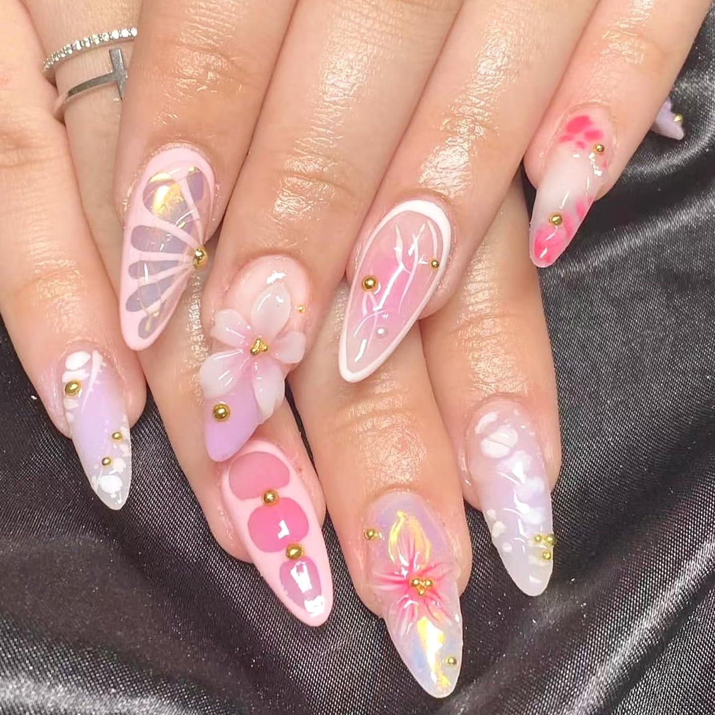 24Pcs Pink Press on Nails Medium Almond Fake Nails Glossy Glitter 3D Gold Steel Balls Design Full Cover Acrylic False Nail Flower Butterfly Pink Gradient Nail Art Almond Nail Stick on for Women