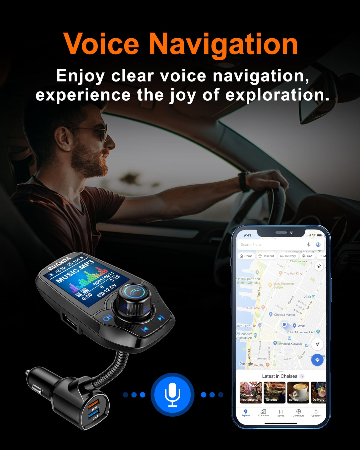 Upgraded Bluetooth FM Transmitter for Car, Wireless Radio Adapter Kit W 1.8" Color Display Hands-Free Call AUX in/Out SD/TF Card USB Fast Charge 18W for All Smartphones Audio Players - Black
