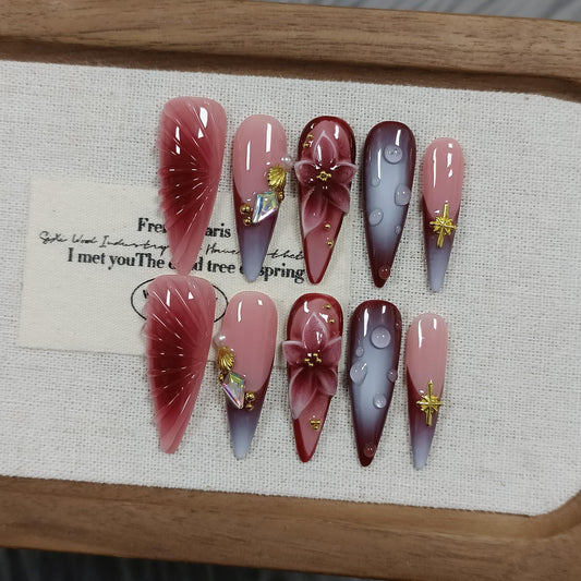 TENPAL Stiletto Press on Nails - Wine Brown Blushing French Fake Nails with 3D Floral Teardrop Design,Glossy False Nails with Tools,Handmade Glamorous Winter Style Glue on Nails for Women Girls(M)