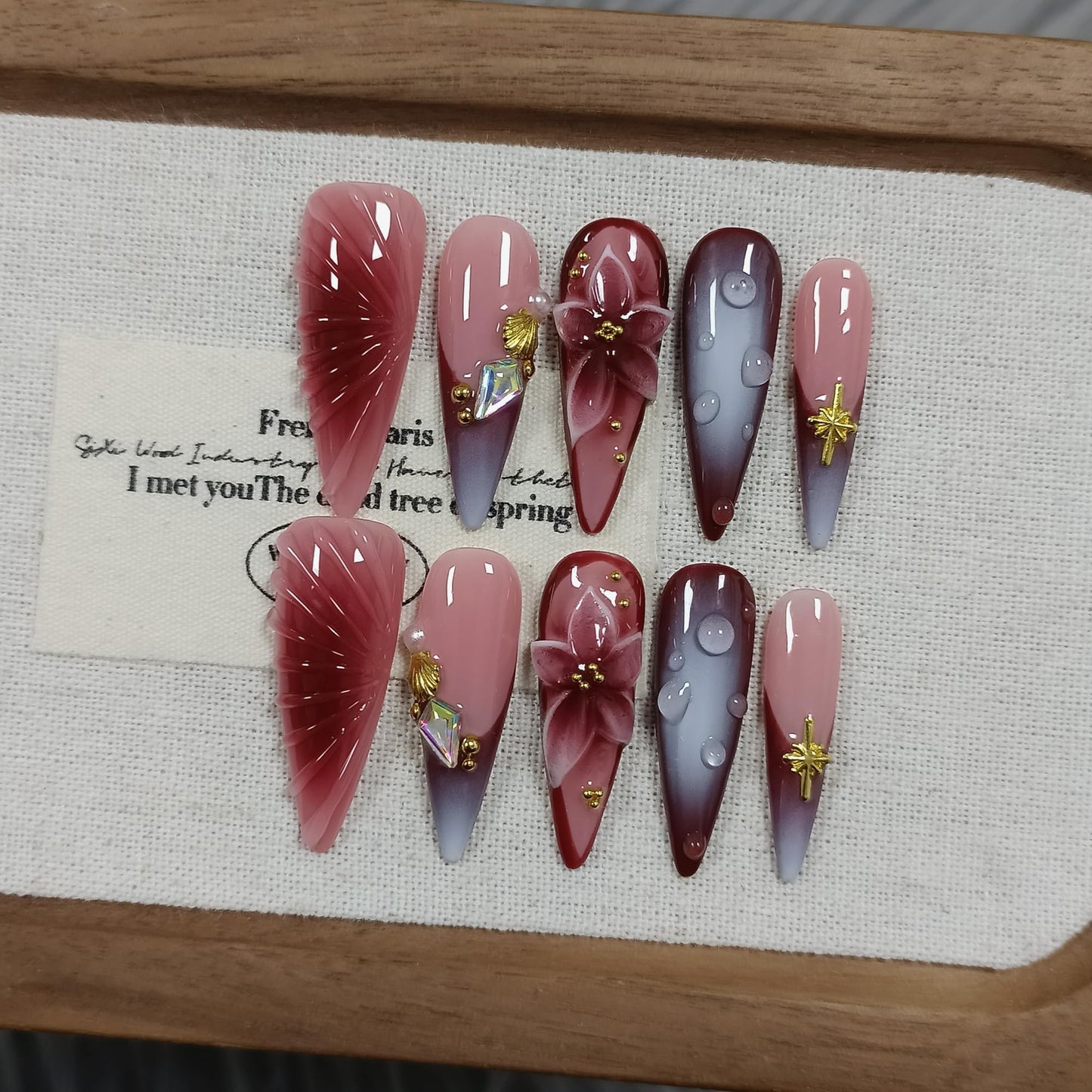 TENPAL Stiletto Press on Nails - Wine Brown Blushing French Fake Nails with 3D Floral Teardrop Design,Glossy False Nails with Tools,Handmade Glamorous Winter Style Glue on Nails for Women Girls(S)