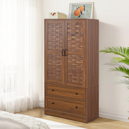 LEVNARY Armoire Wardrobe Closet with 2 Woven Doors, Wardrobe Cabinet with Storage Drawers and Hanging Rail, Freestanding Closets for Bedroom (Walnut)