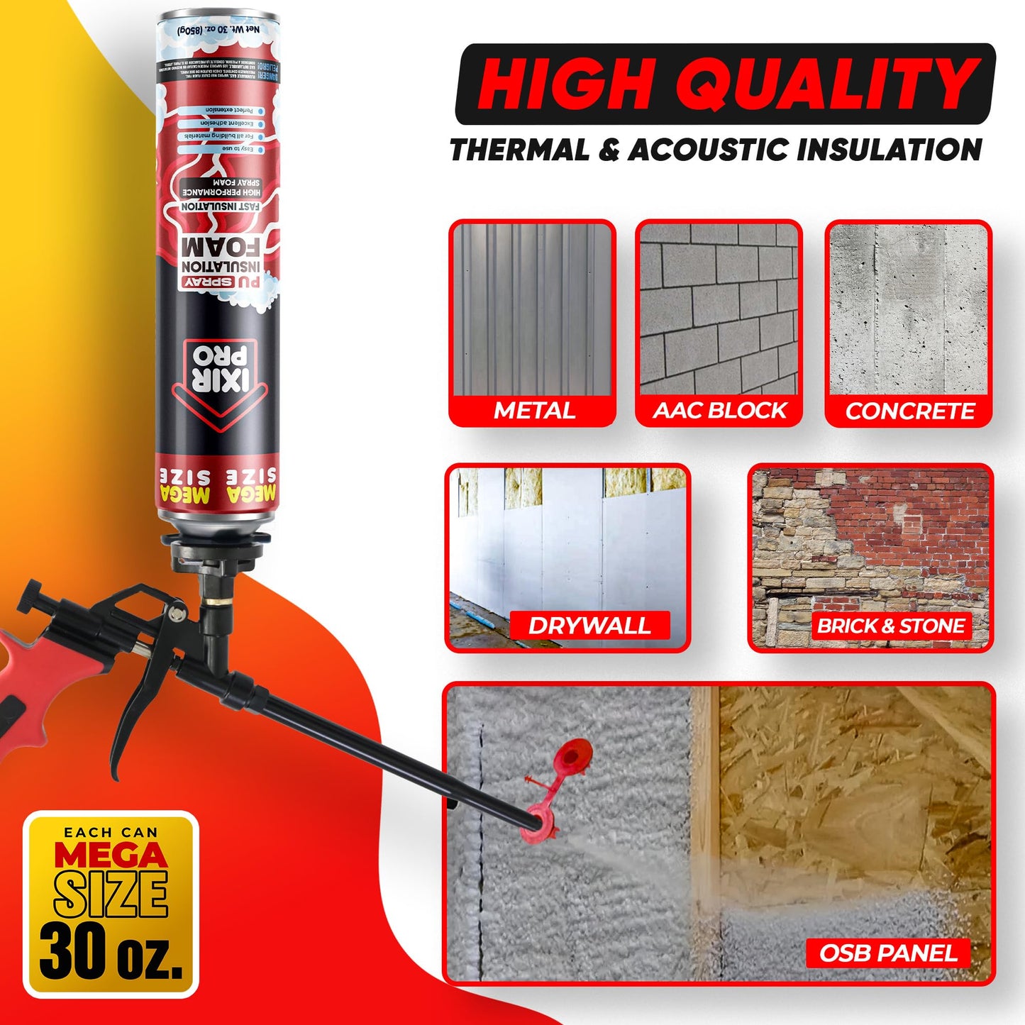 Spray Foam Insulation Can (12 x 30 oz) Expanding Sealant, Mega Size Closed Cell Spray Foam Insulation, High Density, Walls Ceiling Windows Doors