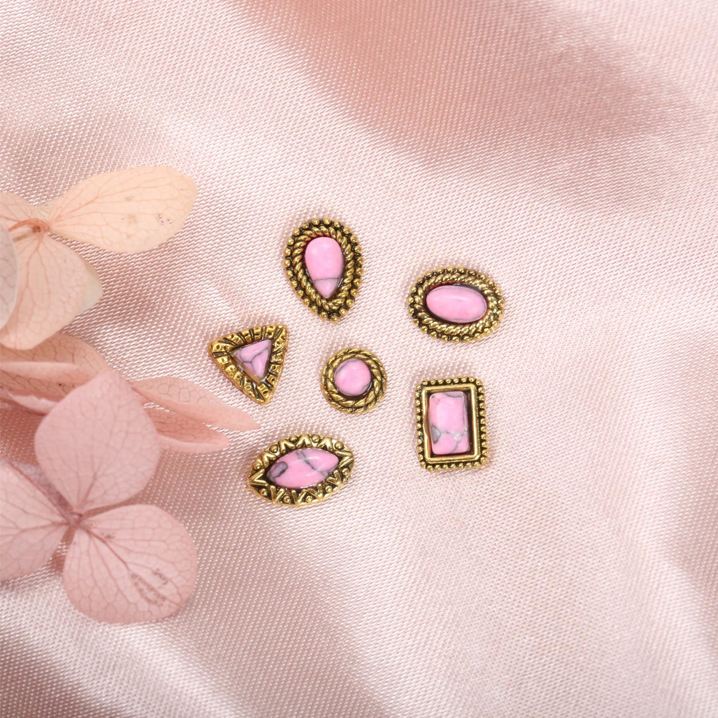 50 PCS Western Nail Charms - Pink Turquoise Nail Gems Stone 3D Vintage Western Art, Retro Pink Marble Cowgirl Charms Gems Metal Gold Silver Art Jewelry Gifts for Women DIY
