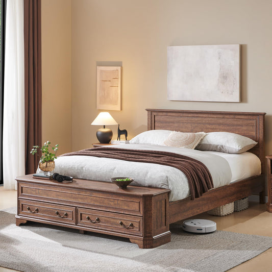 T4TREAM Farmhouse Queen Bed with Headboard and Storage Bench, Rustic Wood Platform Bed with 64" Storage Chest w/ 4 Large Drawer, Dark Brown