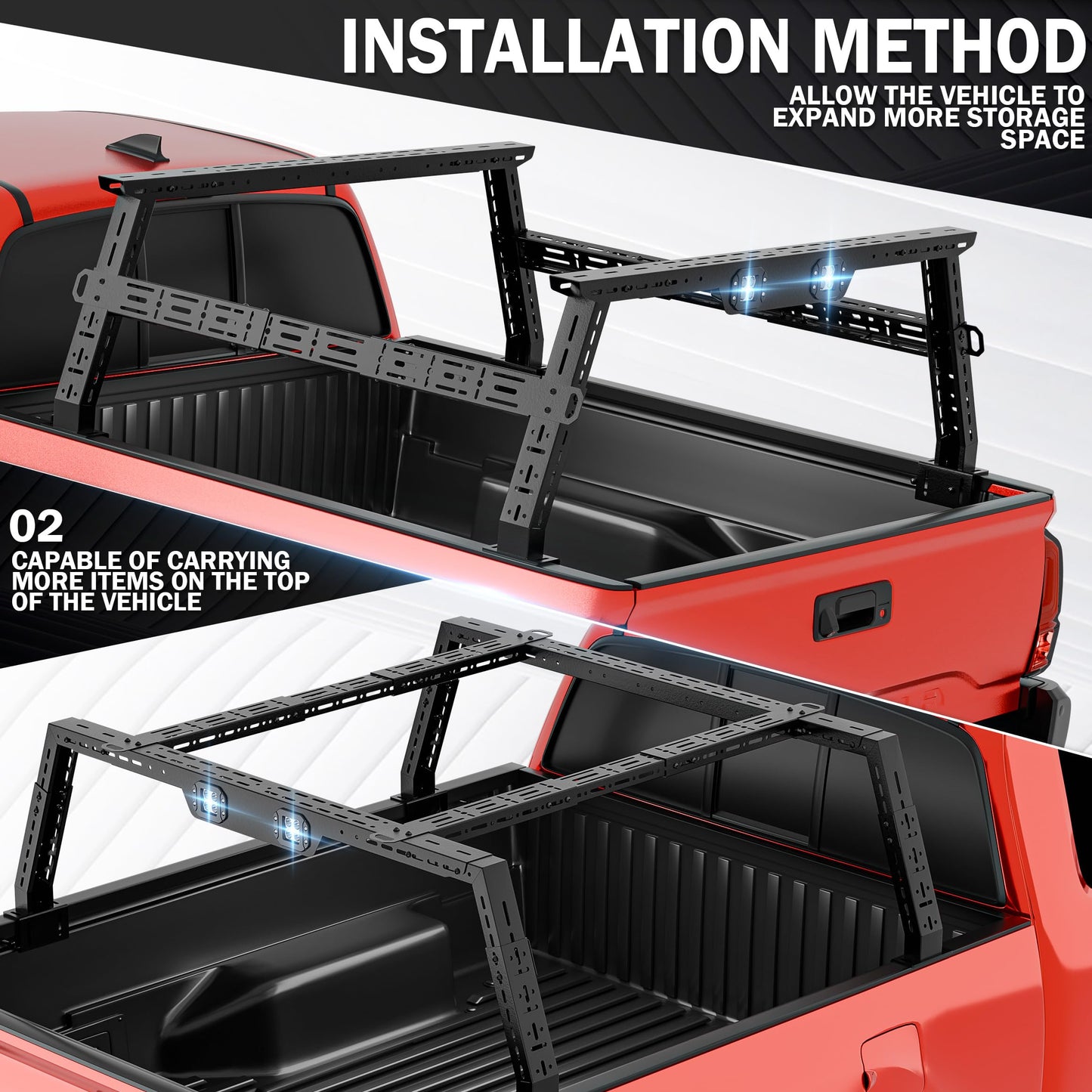 YZONA Adjustable 16-24.8" High Truck Bed Racks with 2 Led Light Compatible for Tacoma/Silverado/Sierra/Ram/Tundra/Titan/Frontier/Canyon/Gladiator JT/Ford F-Series, Ladder Cargo Rack