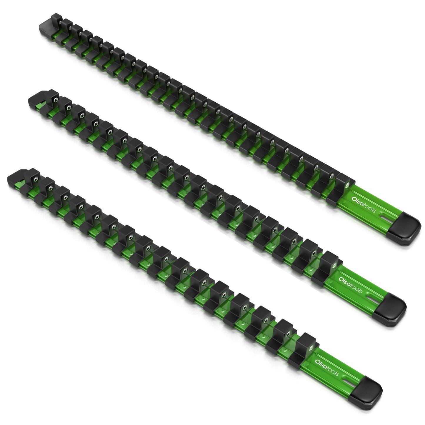 Olsa Tools Aluminum Socket Organizer, 3pc Set - Green Socket Holder Kit 1/2-Inch, 3/8-Inch, and 1/4-Inch Drive - Holds 58 Chrome or Impact Sockets - Professional Grade Socket Rails - Part: 1102