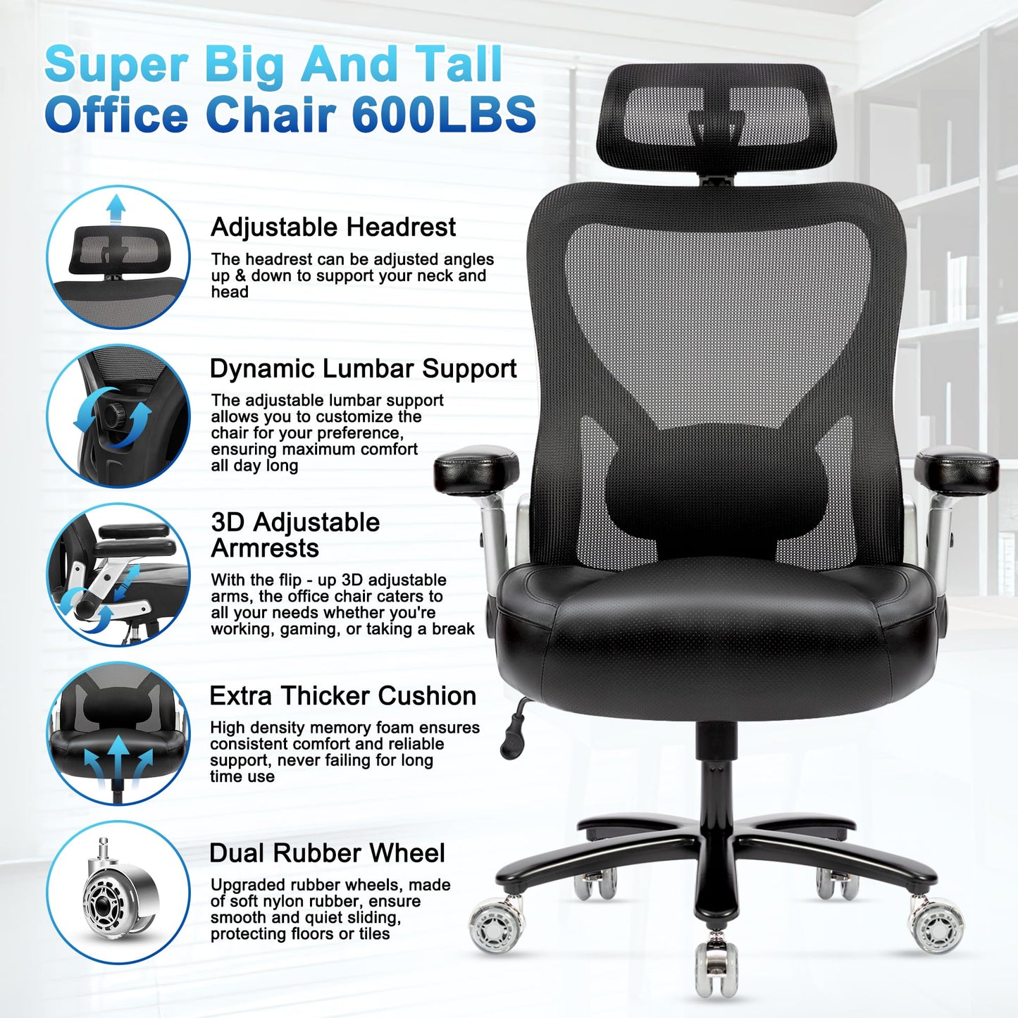 Big and Tall Office Chair 700lbs- Heavy Duty Executive Computer Chair with Rubber Wheels 3D Flip Arms, Ergonomic Mesh High Back Desk Chair, Extra Wide Seat Adjustable Lumbar Support & Headrest