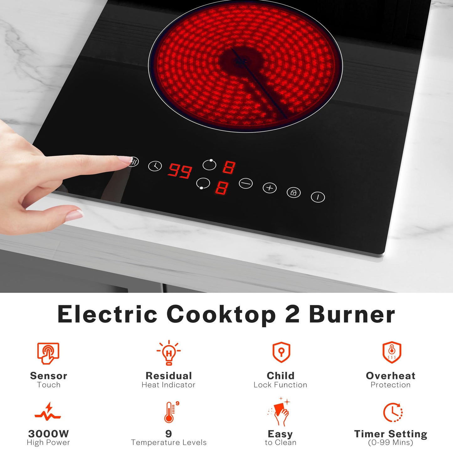 Empava 12 Inch Built-in Electric Cooktop with 2 Burners, Touch Control, Individual Timers, Stop & Go, Child Lock, Flush Mount Design, ETL Certified, 1200W & 1800W Zones, Hard Wired(No Plug)