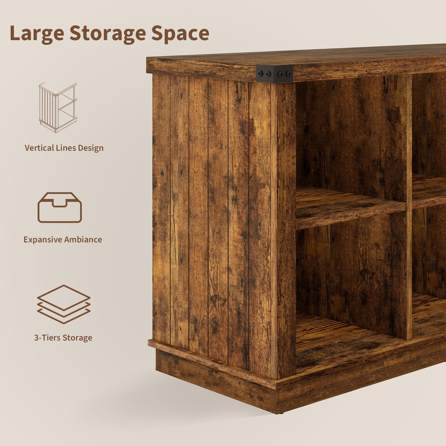 Garvee 8 Cube Book Shelf, Rustic Farmhouse Wood Horizontal Bookshelf, Long Freestanding Bookcase Cabinet, 2-Tier Storage Organizer for Living Room, Entryway, Office, Retro Brown