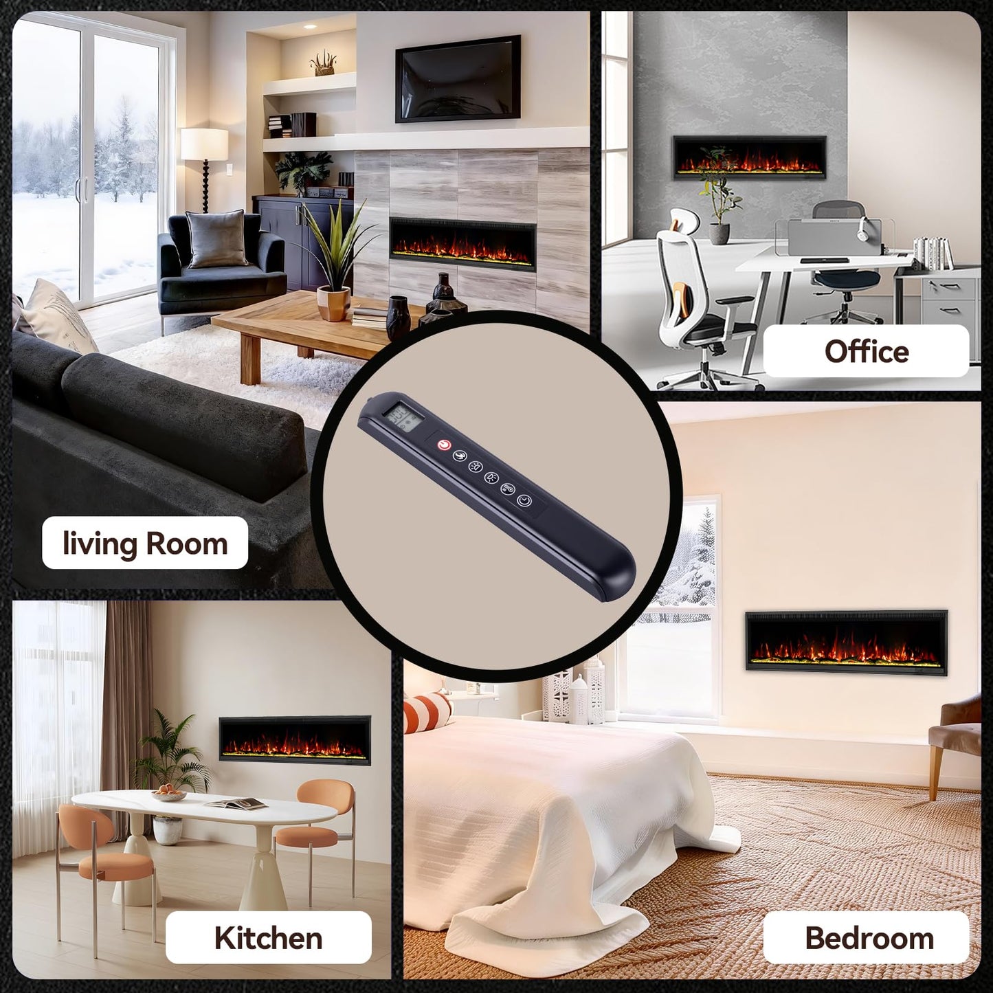 60" Linear Electric Fireplace Heater Insert: Ultra-Narrow Frame Wide Screen, 13 Flame & Ember Colors, 3 Top Light Colors. Wall Mount/Recessed,1500W/750W with Remote & Touch Control, Log & Crystal Set