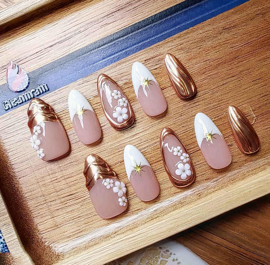 Gleamrain Handmade Press on Nails Almond Shape M Size/Gleamrain Luxury Medium Hand Made Nails with Design for Women 10Pcs by P07