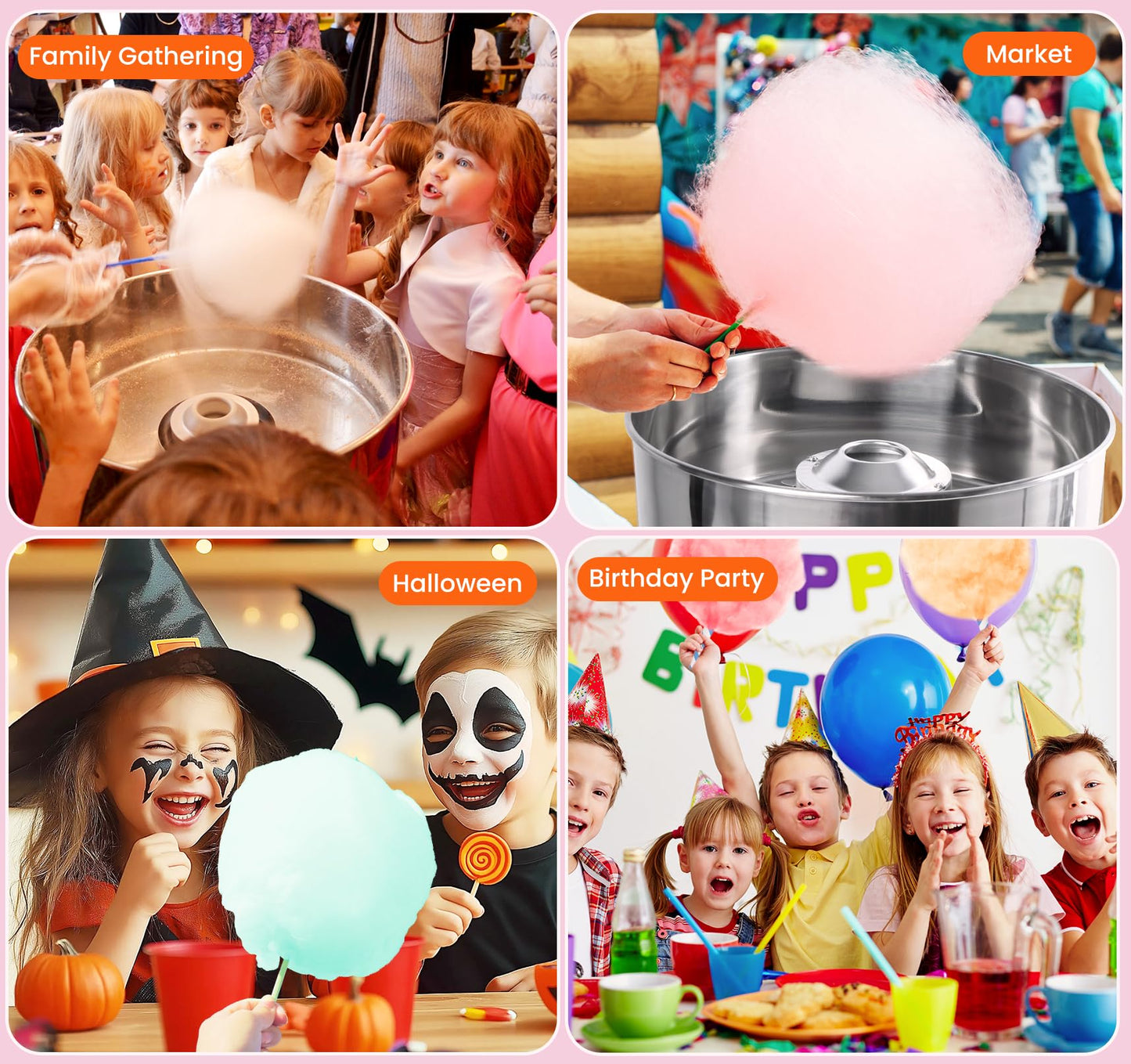 Cotton Candy Machine Commercial & Cotton Candy Cones for Cotton Candy Making, Candy Floss Machine with Stainless Steel Bowl and Sugar Scoop, 60PCS Colorful Sticks for Kids Birthday, Family Party