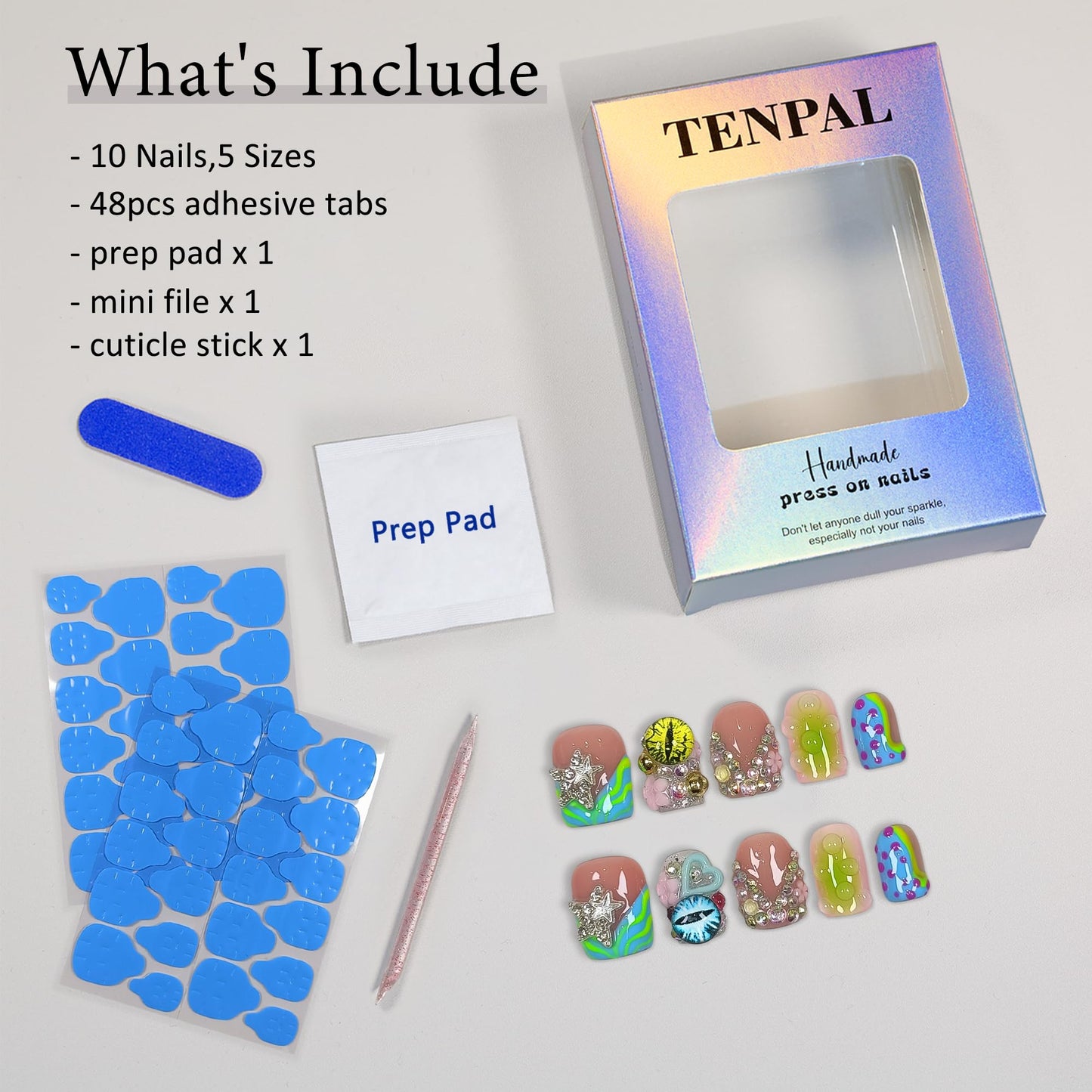 TENPAL V-Shape French Tips Square Nails,Acrylic Press on Nails with 10pcs Kit,Sweet Edgy Y2K Hand-Painted Art False Nails,Neon Yellow-Green Fake Nails with 3D Stars, Hearts, Rhinestones Flowers(M)