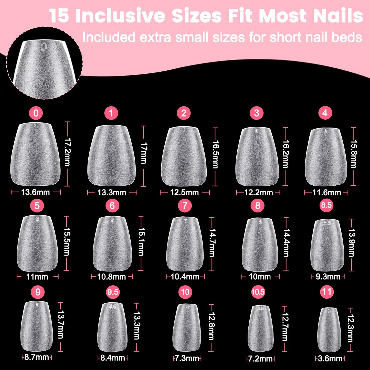 SINOKAME Extra Extra Short Coffin Nail Tips, No File Matte XXS Coffin Soft Gel Fake Nails Full Cover, Petite Nails for Small Regular Nail Beds,Clear Fake Acrylic Nails for Extension,15 Sizes 360Pcs