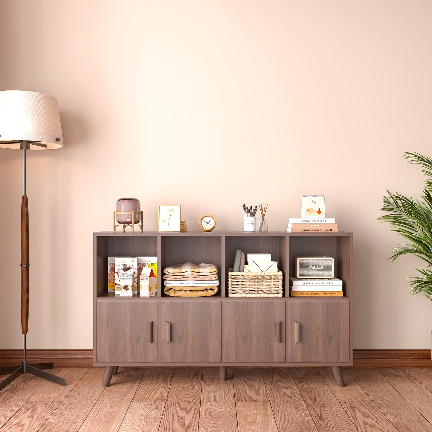 OSCHF Cubby Shelf Bookcase with Doors - Wooden 8 Cubes Floor Standing Open Bookshelf with Solid Wood Legs, 2-Tier Low Storage Cabinet, Walnut