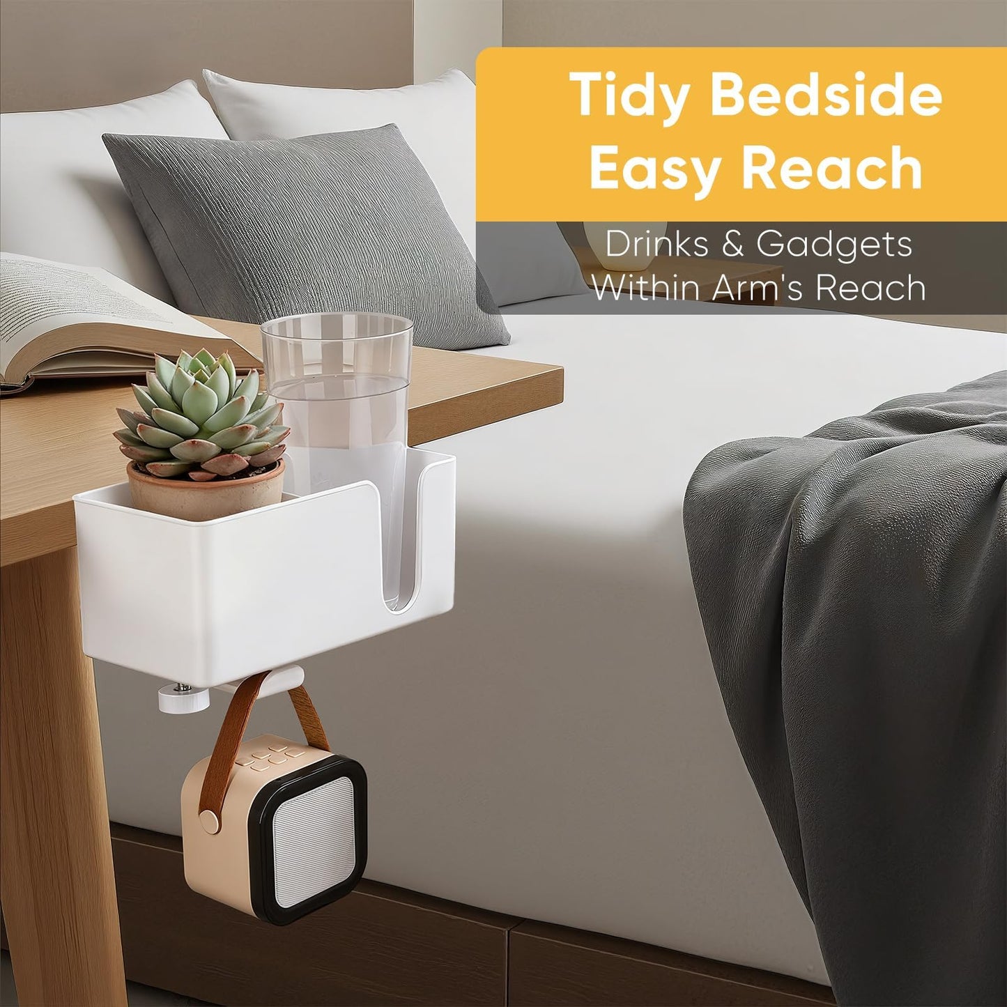 4-in-1 Clip On Desk Cup Holder, Fits up to 40oz cups - Mountable Holder with Adjustable Divider & 360° Rotating Hook - No Spill Clamp On Drink Holder Attachment - for Desk Chair Table Bed Tray - White