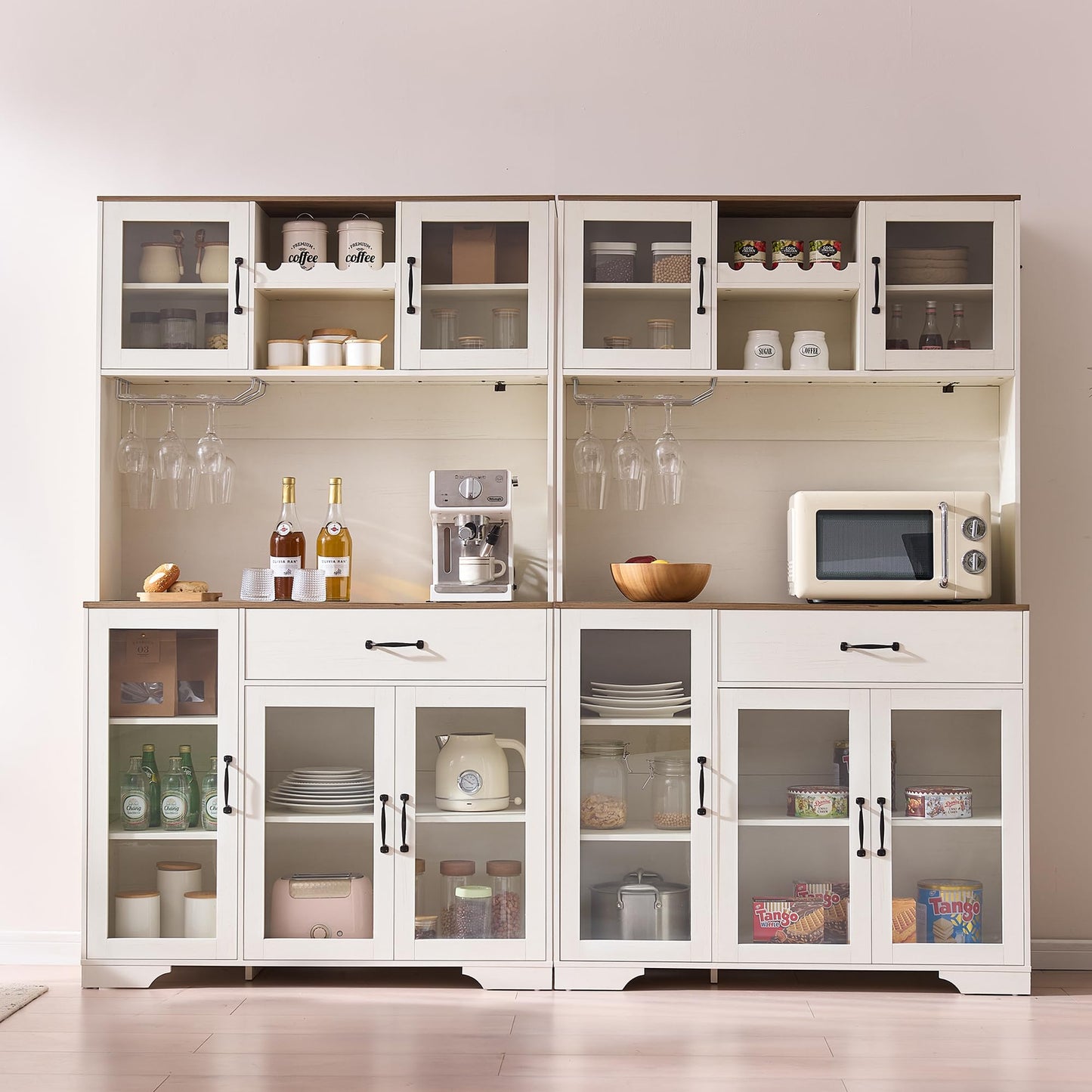 Fatmok 71" Tall Pantry Cabinet, Coffee Bar Storage Cabinet with Charging Station & LED Lights, Kitchen Hutch Food Pantry Cabinet with Wine Rack, Drawer, Adjustable Shelves & Microwave Stand, White