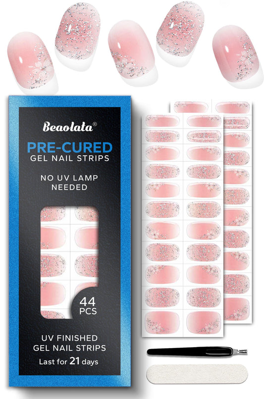 Beaolata Real Gel Nail Strips (No UV Light Needed) - 44Pcs Salon Quality Nail Stickers - Long Lasting Polish Wraps for Women, Easy Apply & Remove (Sparkle Pink