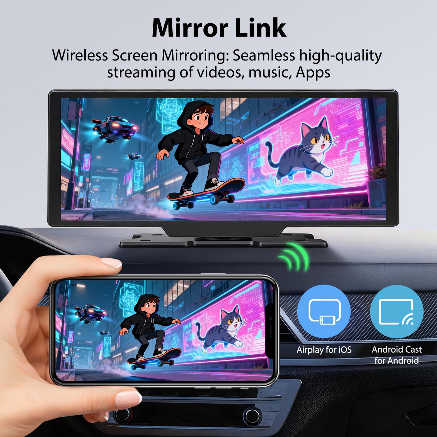 10.26" Wireless CarPlay Screen for Car: 4K Dash Cam & 1080P Backup Camera, Portable Touchscreen Car Stereo for Apple Carplay & Android Auto, GPS Navigation, Mirror Link BT FM Voice Control (ADAS)