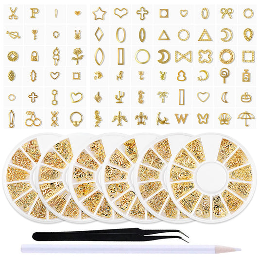 SILPECWEE 6 Boxes 3D Gold Nail Charms Hollow Metal Nail Studs Star Moon Heart Beach Nail Art Charms Nail Jewels Charms for Nails Design Nail Decoration for Acrylic Nails Accessories