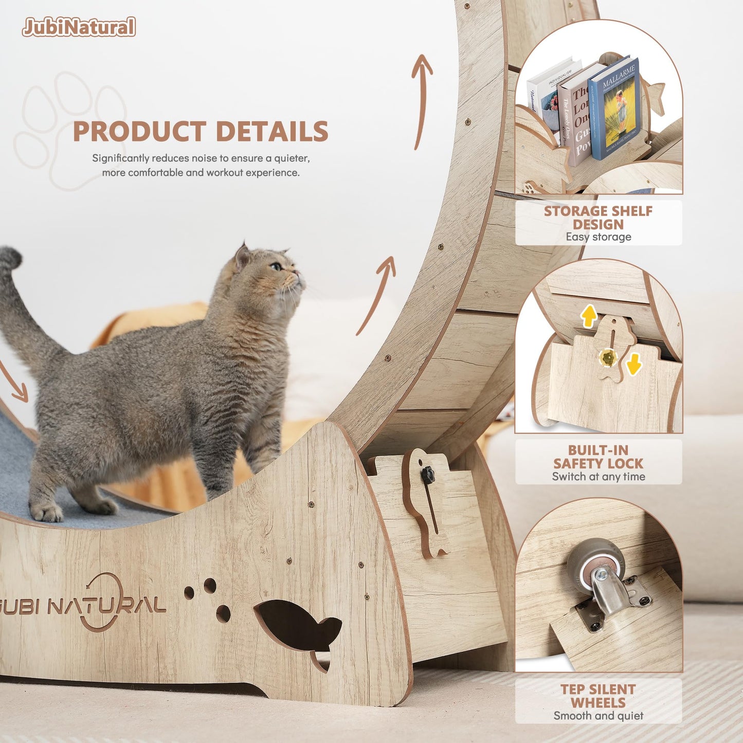 Cat Exercise Wheel, 43" Cat Running Wheels for Indoor Cats with with Locking Mechanism, Cats Treadmill Wheels with Scratching Board and Teaser Toy, Cat's Weight Loss and Health