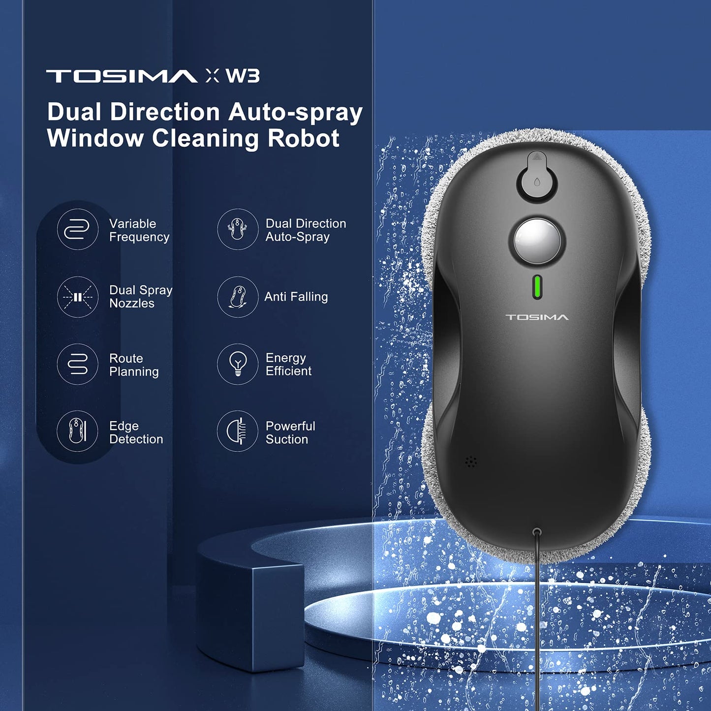Tosima W3 Window Cleaning Robot - Dual Direction Auto-Spray Smart Window Cleaner with Triple Safety System, Smart Navigation, Remote Control, for All Smooth Surfaces, with 12 Rags, Black