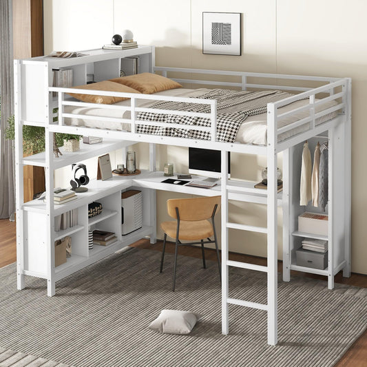 KEIKI Metal Queen Size Loft Bed Frame with Built-in L Shaped Desk, Wardrobe, Stairs, Storage Cubes & Shelves for Kids Teens Adults, No Box Spring Needed