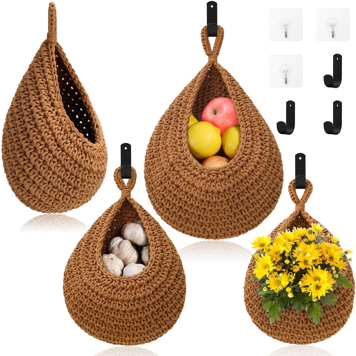 Boho Decor Hanging Fruit Baskets for Kitchen - 3 Pack Wall Hanging Basket with 6 Pcs Strong Hooks, Handwoven Hanging Holder Teardrop Produce Basket for Fruits Vegetable Potato Onion Storage (Linen)