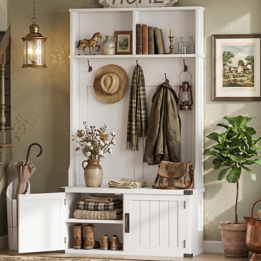 Garvee Farmhouse Hall Tree with Bench and Shoe Storage, 77" Tall Entryway Hall Tree w/ 5 Tri-Hooks Coat Rack, Mudroom Rack w/Bench & Door, Adjustable Shelf, 2 Top Cubbies Storage, Space Saving, White
