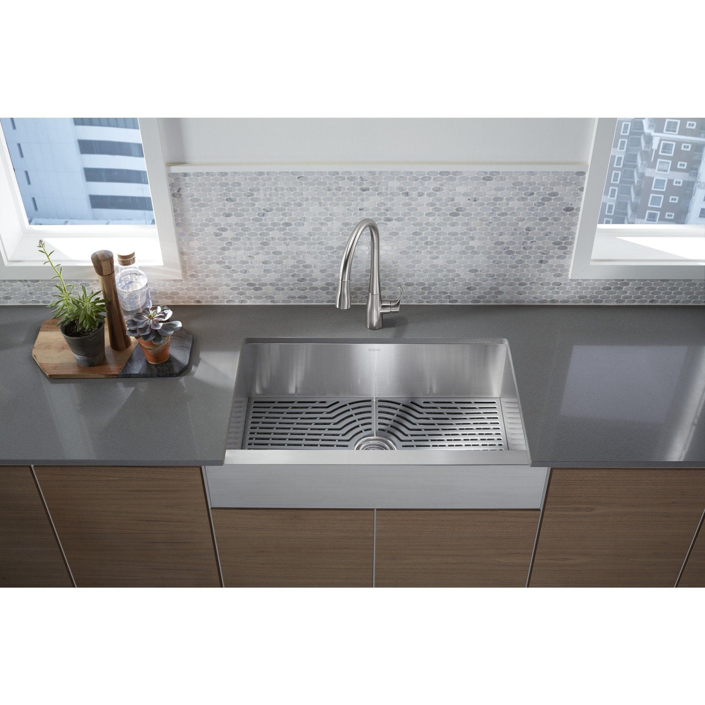 Sterling K-20243-PC-NA Ludington 34" Under-Mount Single-Bowl Farmhouse Kitchen Sink with Accessories, Apron-Front Basin, Stainless Steel