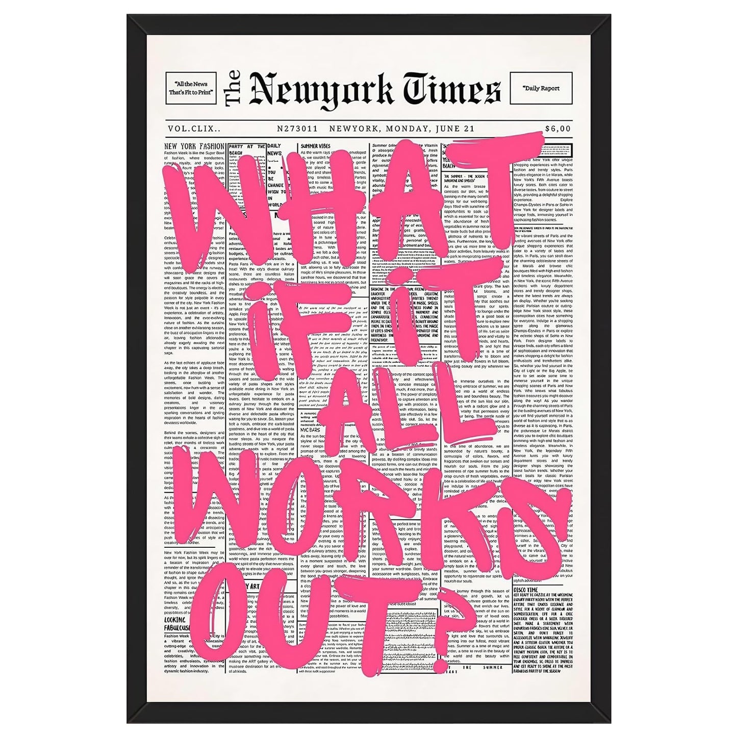 Balsuka Black Framed Trendy Newspaper Canvas Wall Decor Pink What If All Works Out Positive Affirmation Quote Wall Art Motivational Poster Print Painting for Bedroom Living Room Office 8x12inch