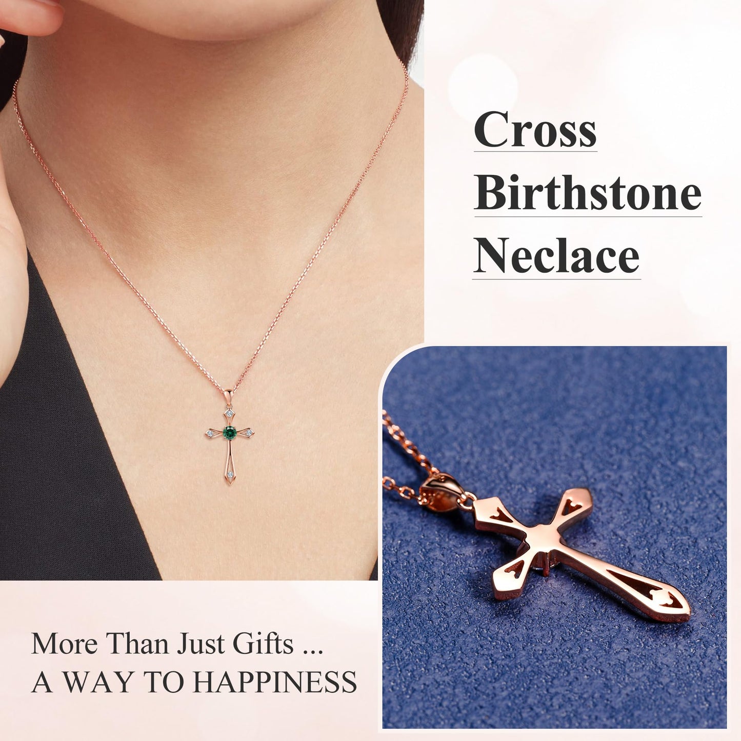 QUALISE Cross Necklace for Women,925 Sterling Silver Birthstone Necklace,Emerald-May Birthstone Cross Necklace, Faith Religious Fine Jewelry Valentines Day Gifts Birthday Holiday Gifts for Her