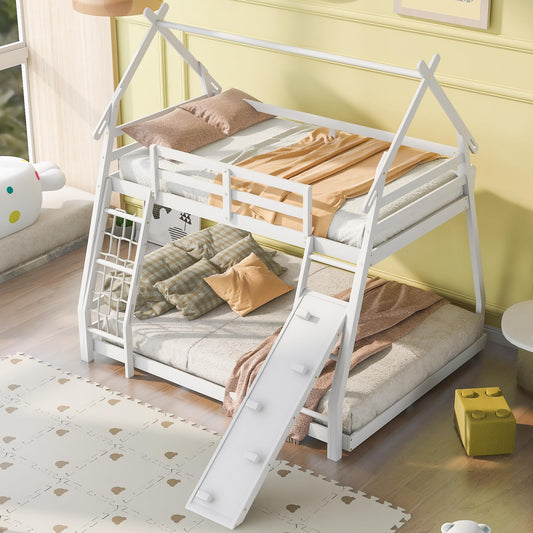 Bellemave Bunk Bed Twin Over Queen with Slides and Stairs, House Bunk Bed with Climbing Nets and Climbing Ramp for Kids, Teens, White