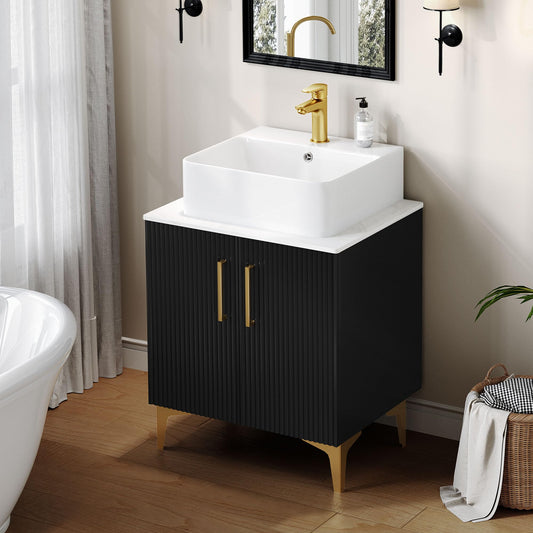 DWVO Bathroom Vanity 24 Inch with Counter Top Sink Combo, Modern Bathroom Storage Vanity Cabinet Set Included 2 Large Soft Closing Doors, Drain, Gold Handles & Legs, Black