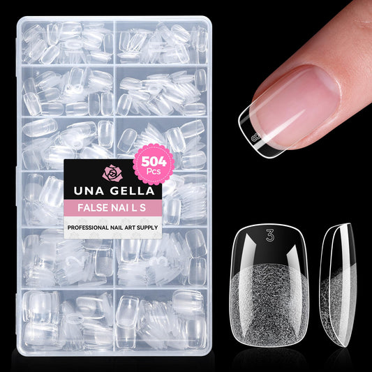 UNA GELLA Gel Nail Tips Square & Squoval Short, 504pcs Short Round Square Nail Tips Pre Etched Squoval Soft Gel Clear Fake Nails Full Cover For Nails Extension Home DIY Salon 12 Sizes