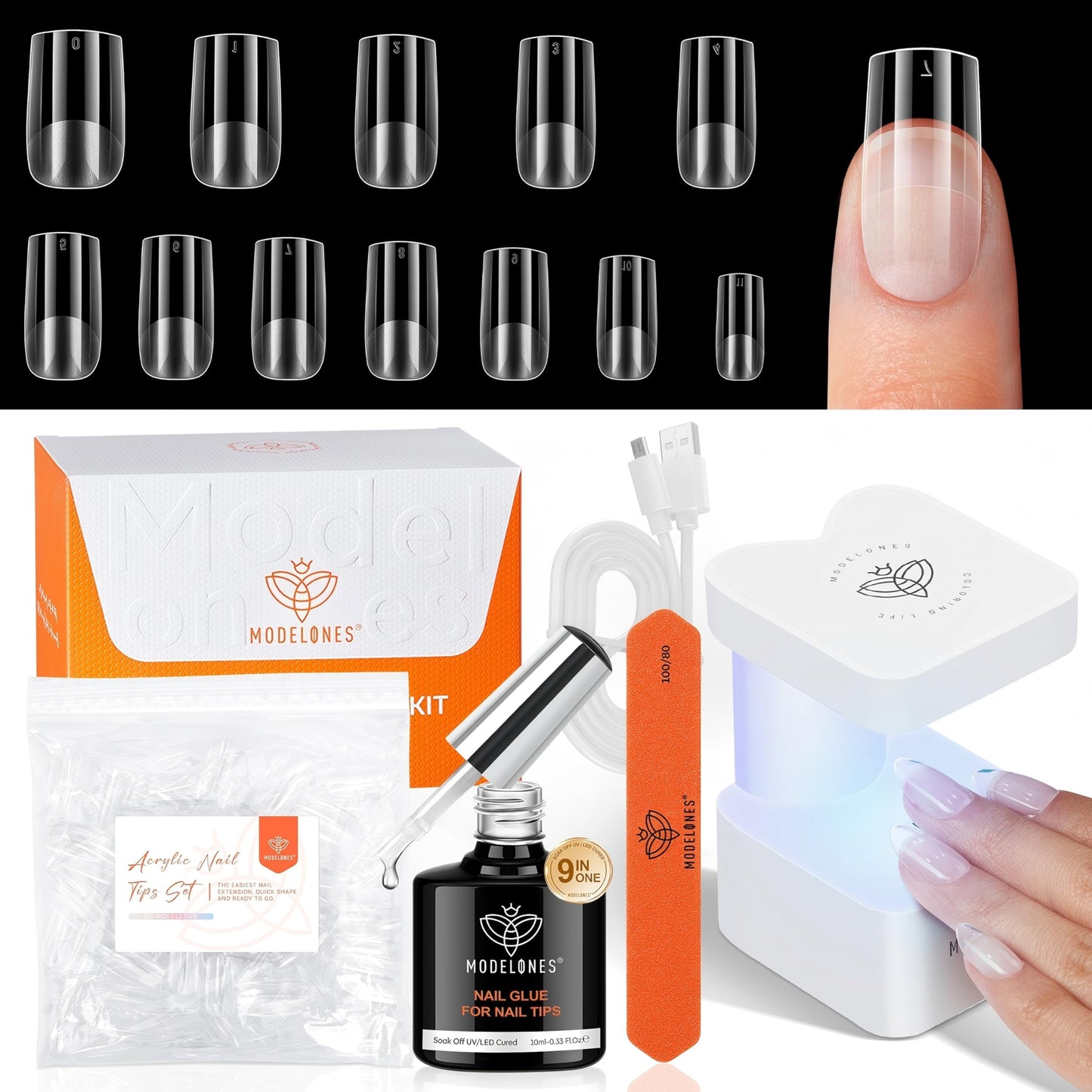 modelones X Nail Gel Kit Kit Short Square, 9-in-One Nail Glue with Portable U V Lamp 216Pcs 12Sizes Pre-Etched Press ons Fake Acrylic Extension Kit DIY Salon Gift for Women