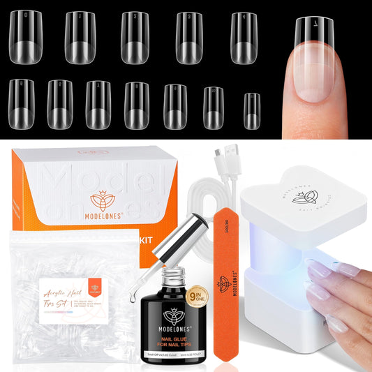 modelones X Nail Gel Kit Kit Short Square, 9-in-One Nail Glue with Portable U V Lamp 216Pcs 12Sizes Pre-Etched Press ons Fake Acrylic Extension Kit DIY Salon Gift for Women