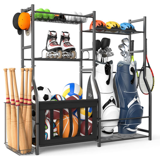 TORACK Golf Bags Stand with Ball Storage, Large Capacity Garage Sports Equipment Organizer, Indoor Toys Storage