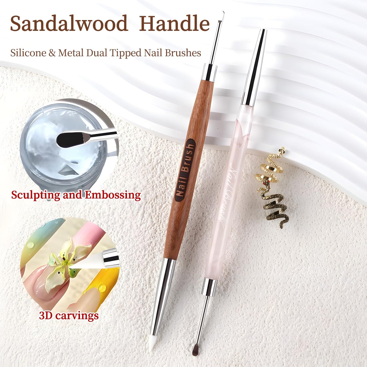 Double Nail Art Sculpture Pen: Silicone & Metal Dual Tipped Nail Brushes Silicone Nail Art Tools for Design Nail Foil Carving Drawing Shaping Effect Nail Art Pens for Home and DIY (Pink+Sandalwood)