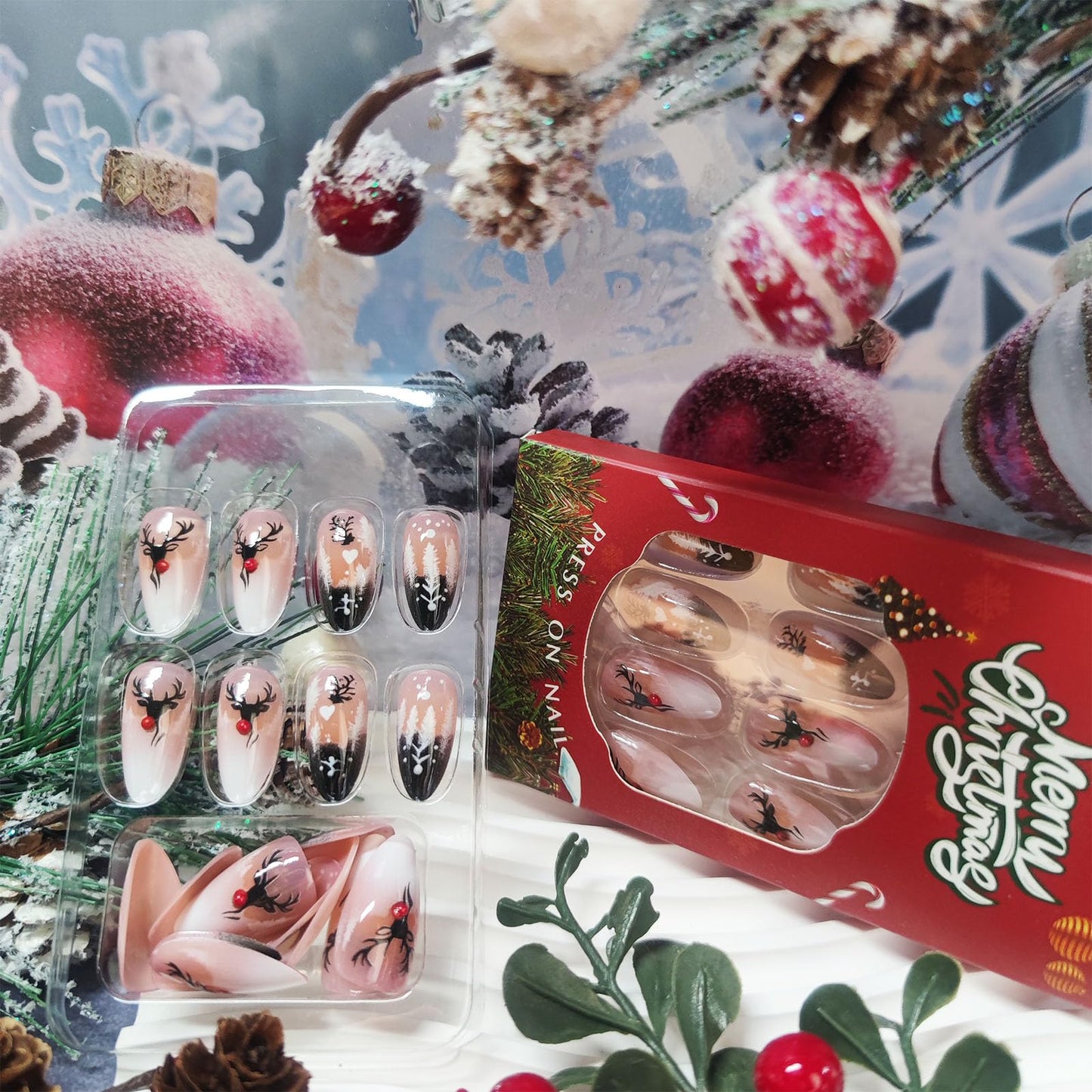 Christmas Press on Nails Cute Reindeer Medium Almond False Nails Xmas Tree Stick on Fingernails Glossy Black French Tips Acrylic Fake Nail 24Pcs Snow Gel Glue on Nail for Women Xmas Gift